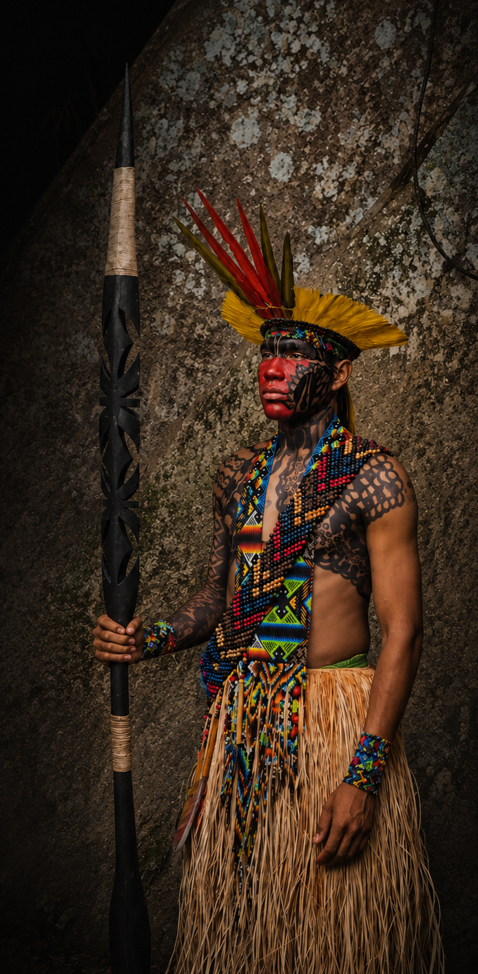 Indigenous man wearing traditional feather headdress, body paint, beaded necklaces, and grass skirt, holding a spear, standing against a textured wall.