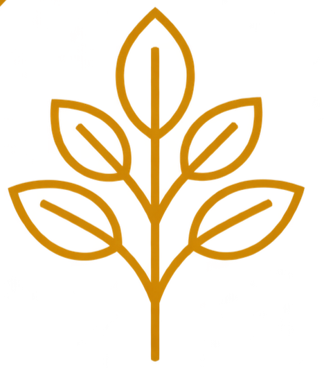 Gold outline of a plant with seven leaves on a black background.