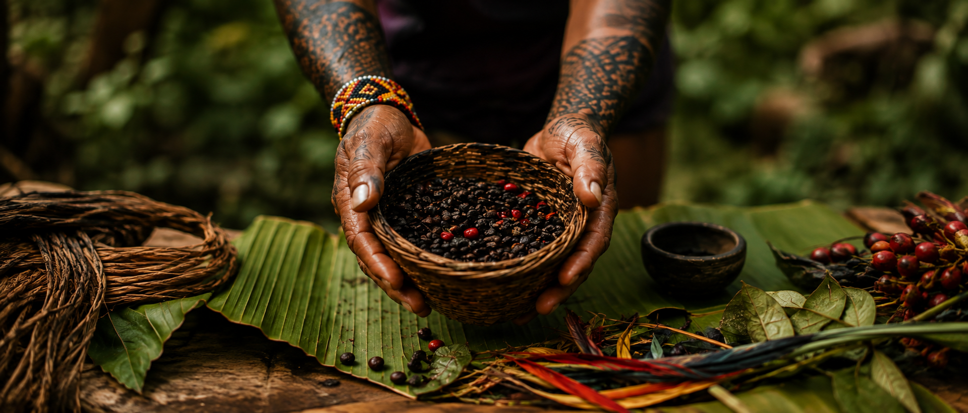 Person holding a woven basket filled with dark and red coffee cherries, with coffee cherries and green leaves on a wooden surface covered by large leaves, in an outdoor natural setting.