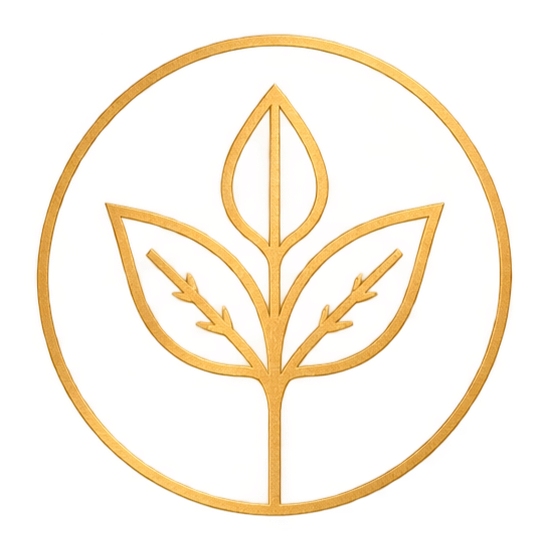 A golden emblem featuring a stylized plant with three leaves enclosed in a circle.