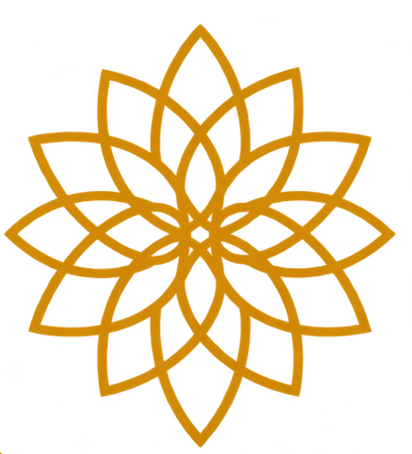 Golden geometric design resembling a flower or mandala against a black background.