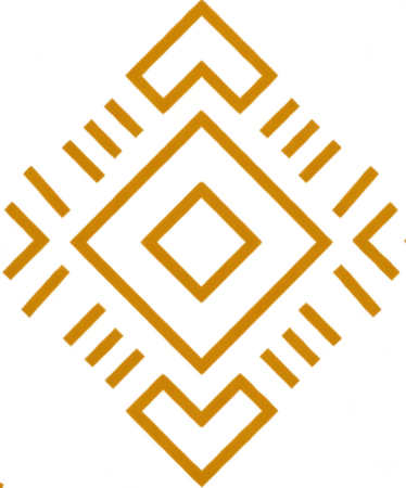 An intricate geometric pattern featuring gold and yellow diamond shapes and lines on a black background.