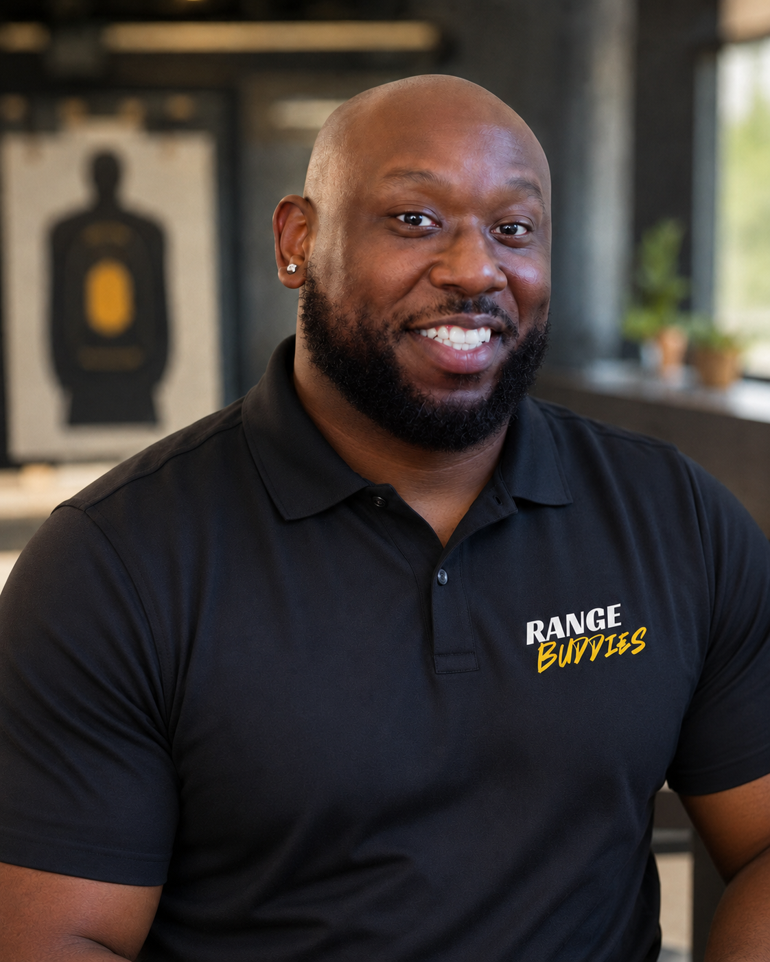 A smiling man with a beard and an earring in a black polo shirt that says 'Range Buddies', sitting indoors with targets and potted plants in the background.