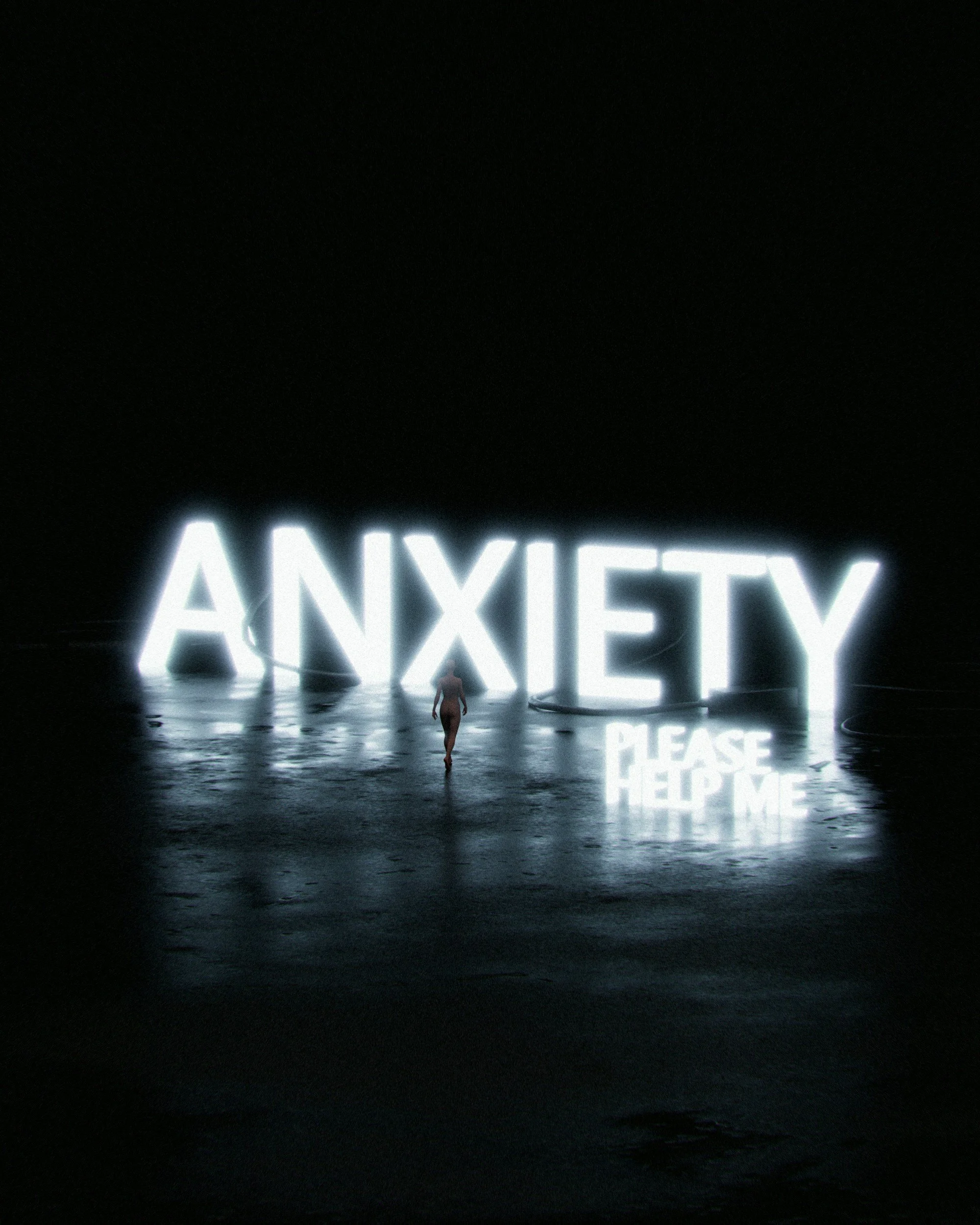 Illuminated letters spelling 'ANYETV' or similar, with a person walking in front of the sign at night, reflected on wet ground.