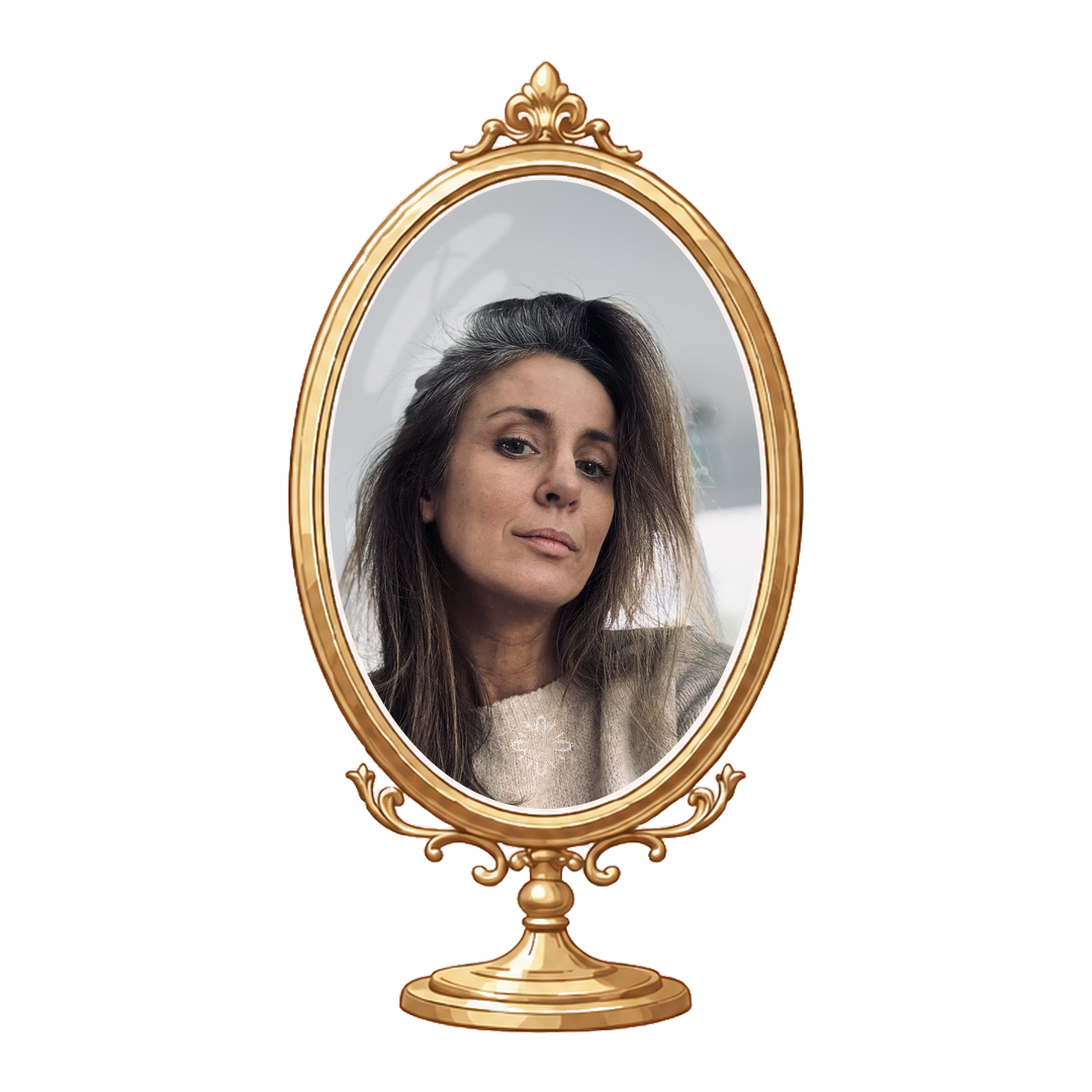 A woman with long, dark, slightly tousled hair looking at herself in an ornate gold-framed mirror.