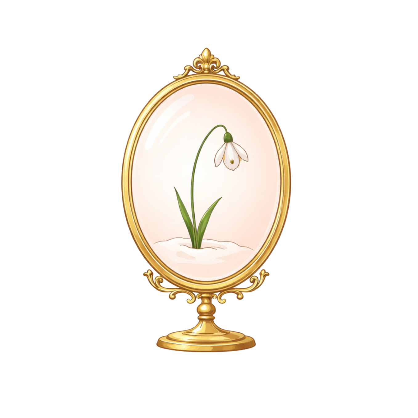 A decorative oval mirror with a gold frame, reflecting a delicate white snowdrop flower with green leaves.