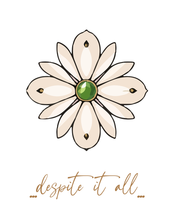 An illustration of a white flower with a green center and six petals, with some of the petals having a small black dot near the tip, and the word 'LOVE' written in stylized gold and red lettering below.