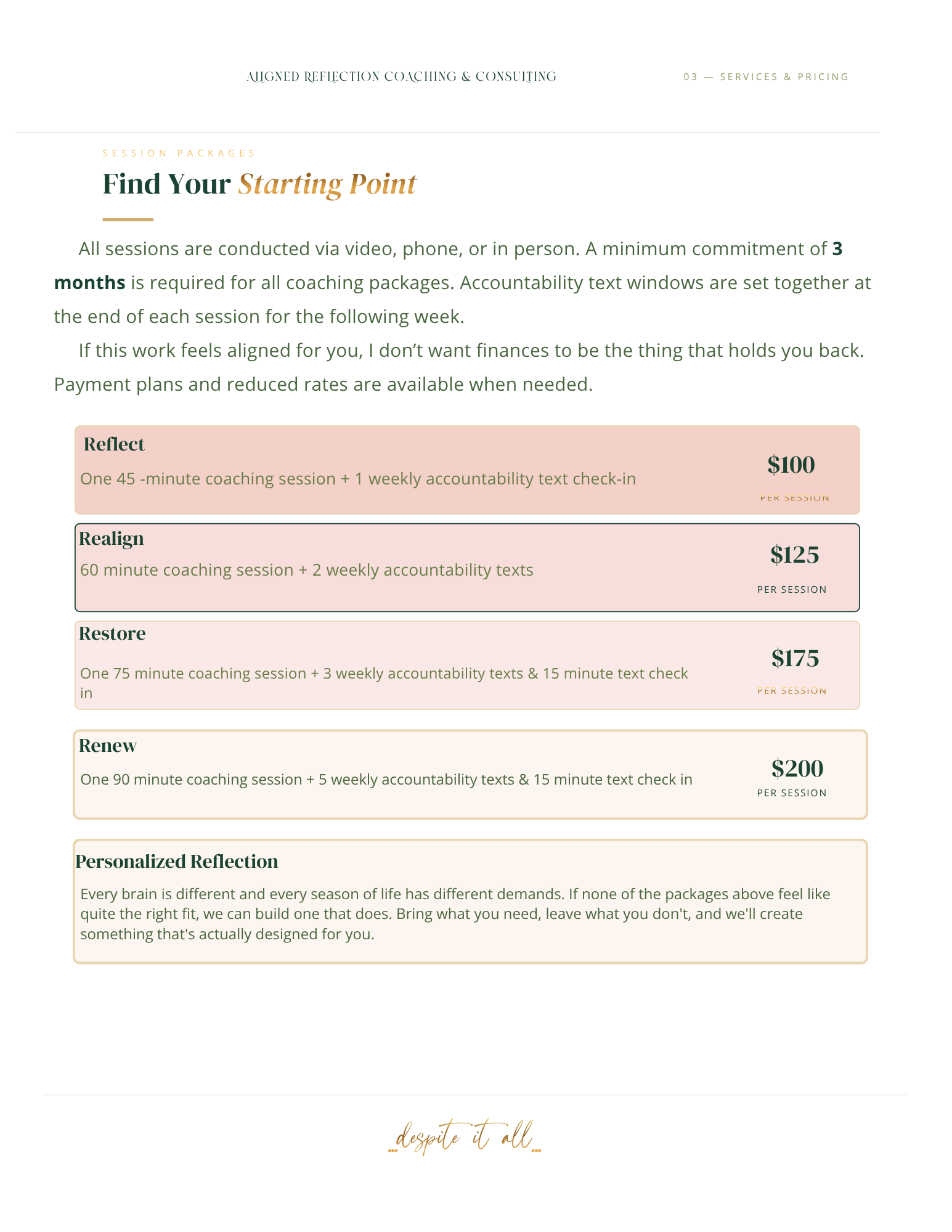 A webpage for coaching services titled 'Find Your Starting Point' with details about session packages, prices, and descriptions, and a footer phrase 'despite it all'.