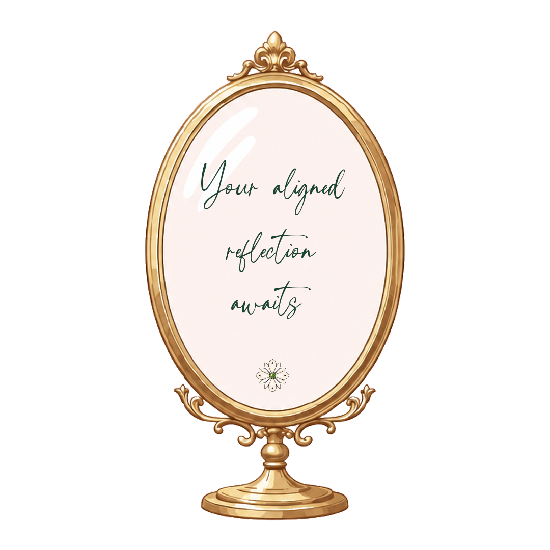 An ornate gold-colored vintage mirror with a reflection message that reads, "Your aligned reflection awaits," featuring a small flower illustration at the bottom.