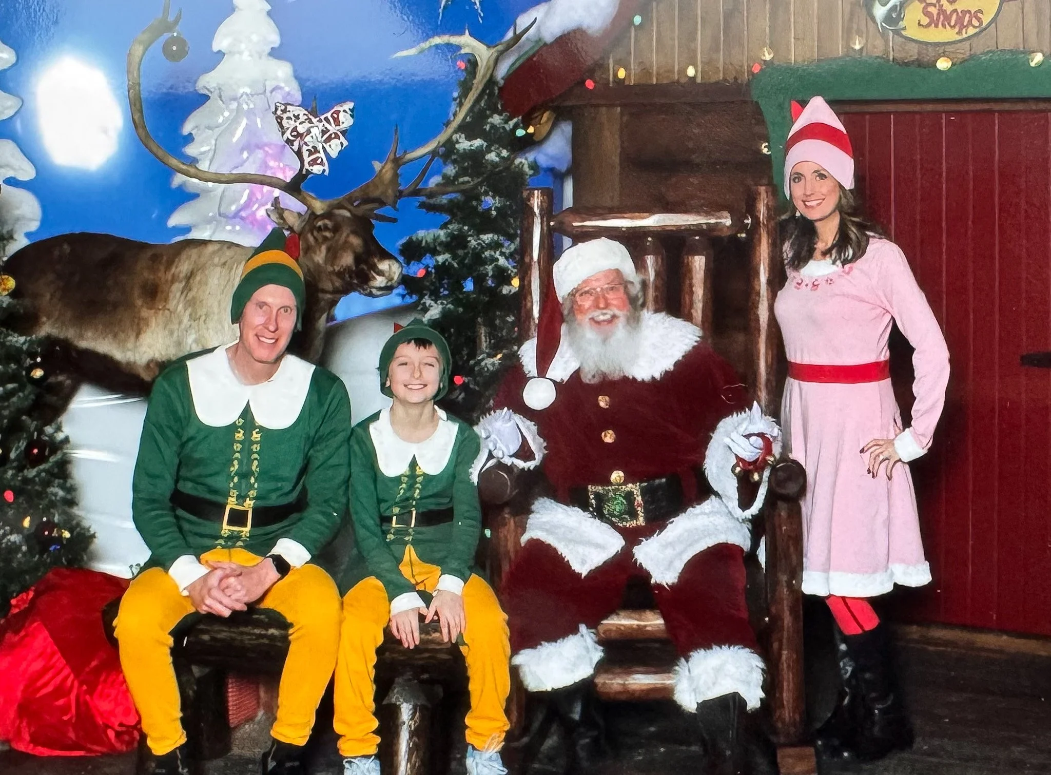 People dressed in festive Christmas costumes, including elves and Santa Claus, posing with a reindeer and Christmas trees in a holiday setting.