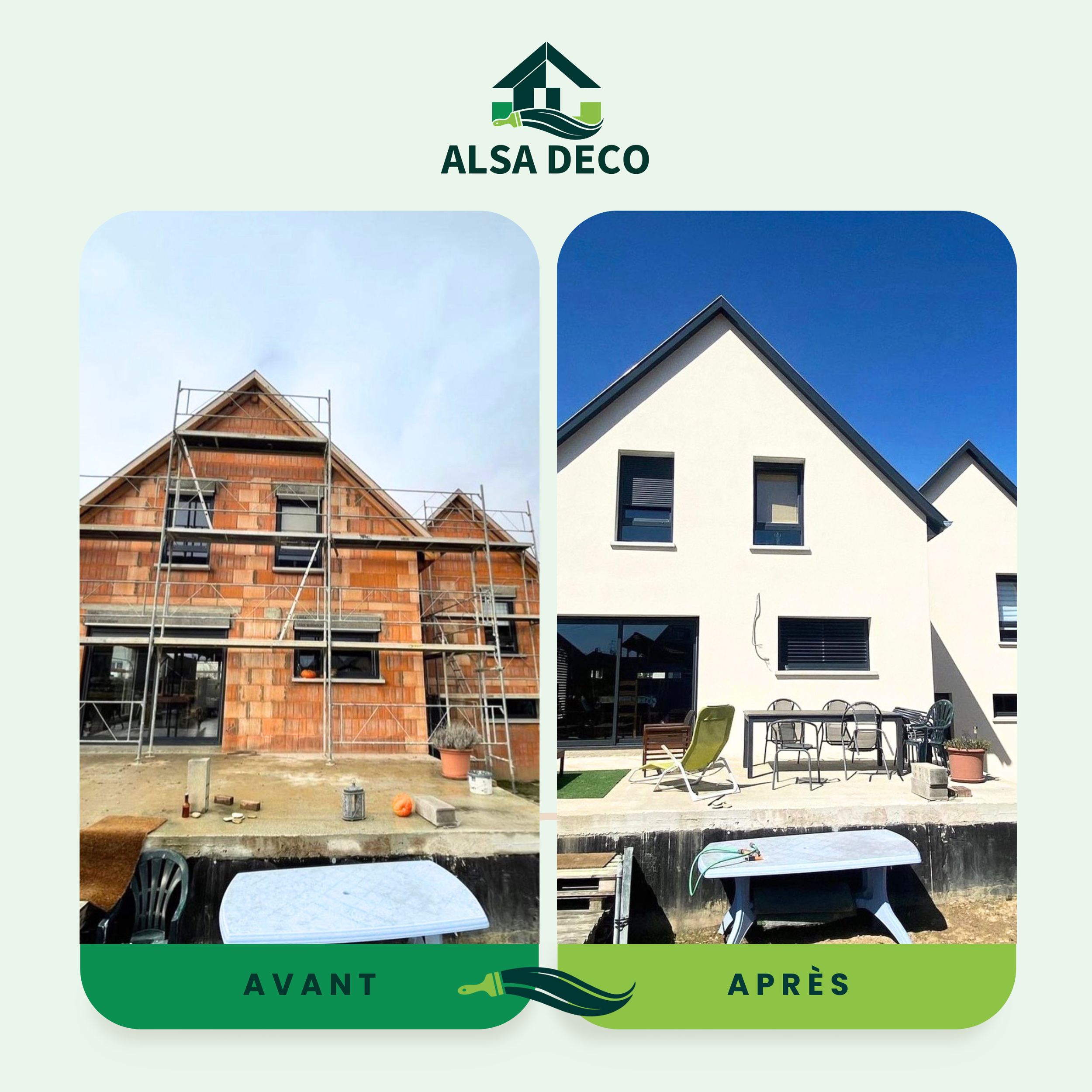 Comparaison de travaux de rénovation d'une façade de maison, montrant un état avant et après, avec mobilier de jardin et espace extérieur.