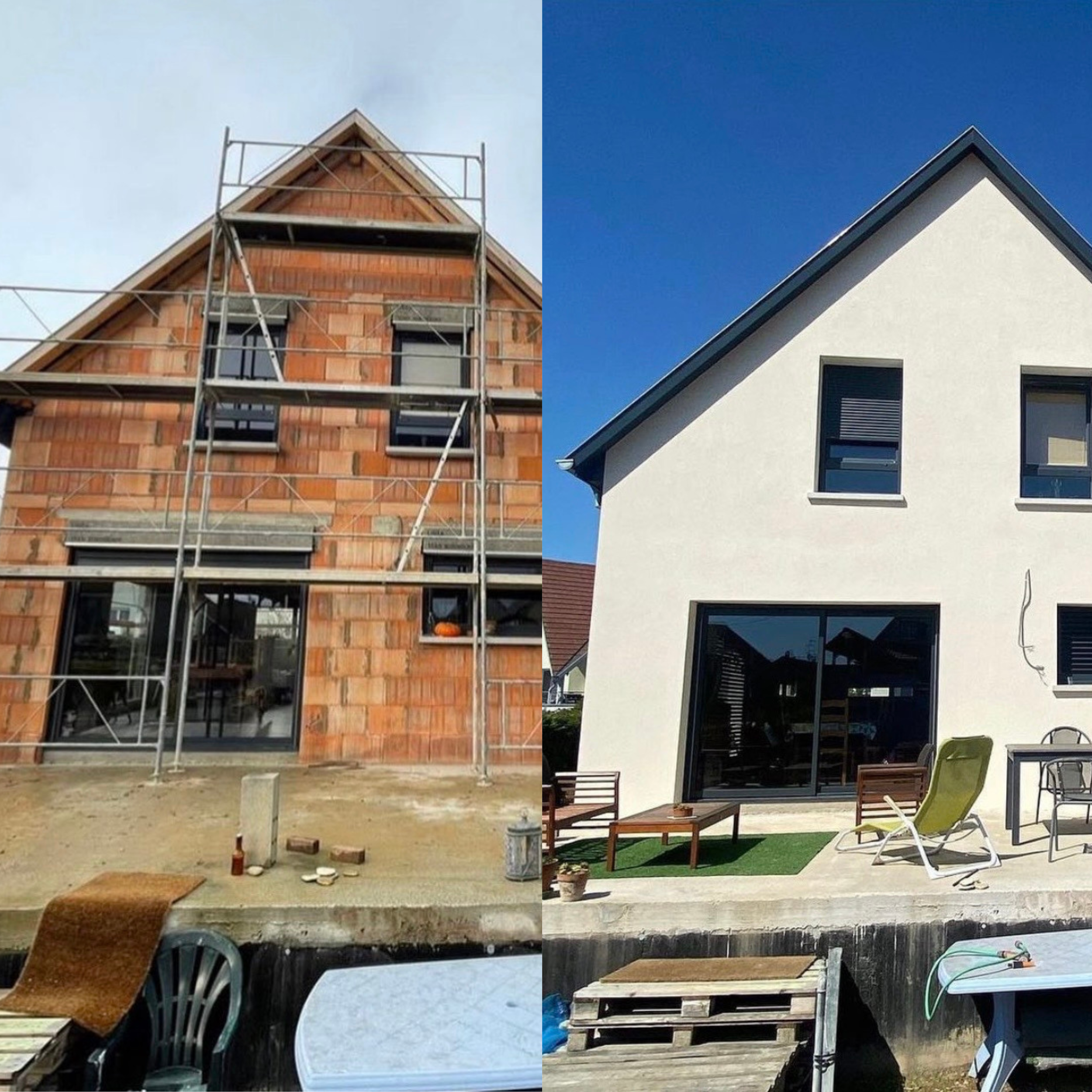 Comparaison entre deux maisons, une en construction avec échafaudages et murs en briques, et une autre terminée avec façade blanche et toiture noire.