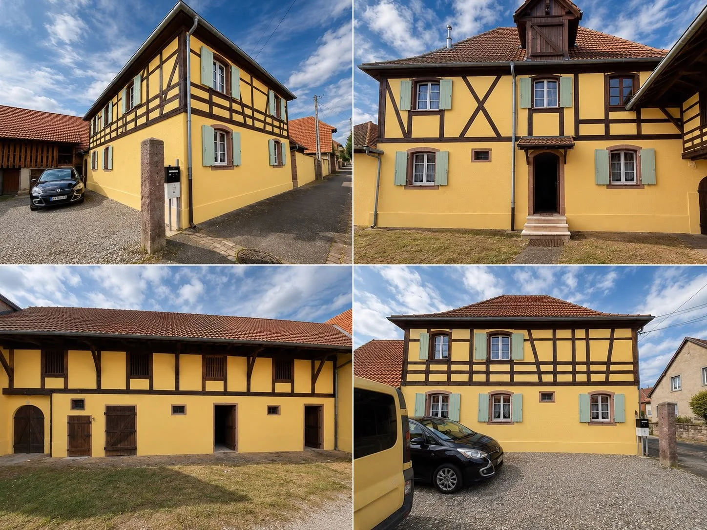 Une maison à colombages jaune avec volets verts, voisine de plusieurs autres bâtiments. La maison a un toit en tuiles rouges et plusieurs fenêtres. Il y a des voitures garées devant et autour de la maison. Le ciel est partiellement nuageux.