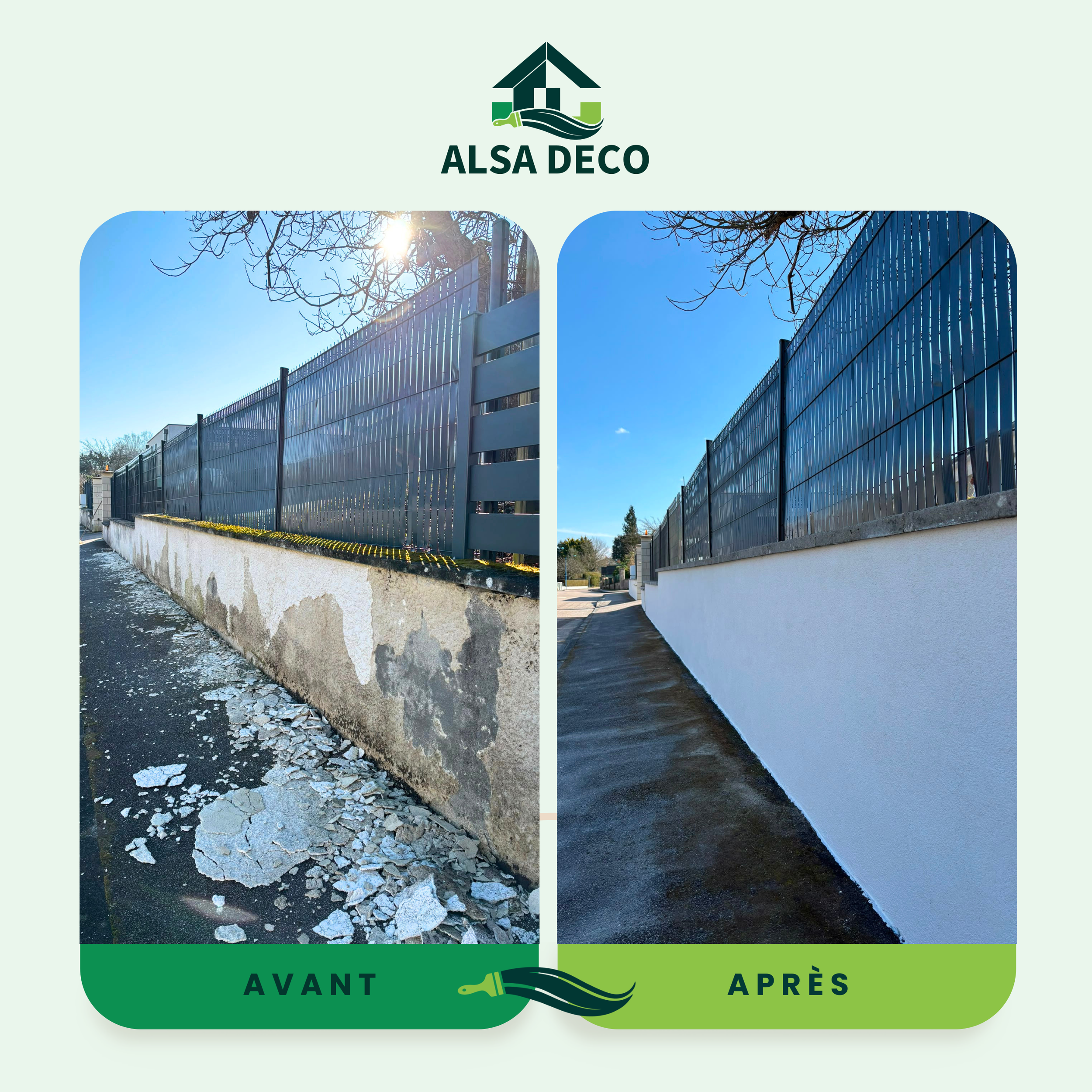 Comparer un mur de clôture avant et après nettoyage avec un logo d'une entreprise de nettoyage, ALSA DECO.