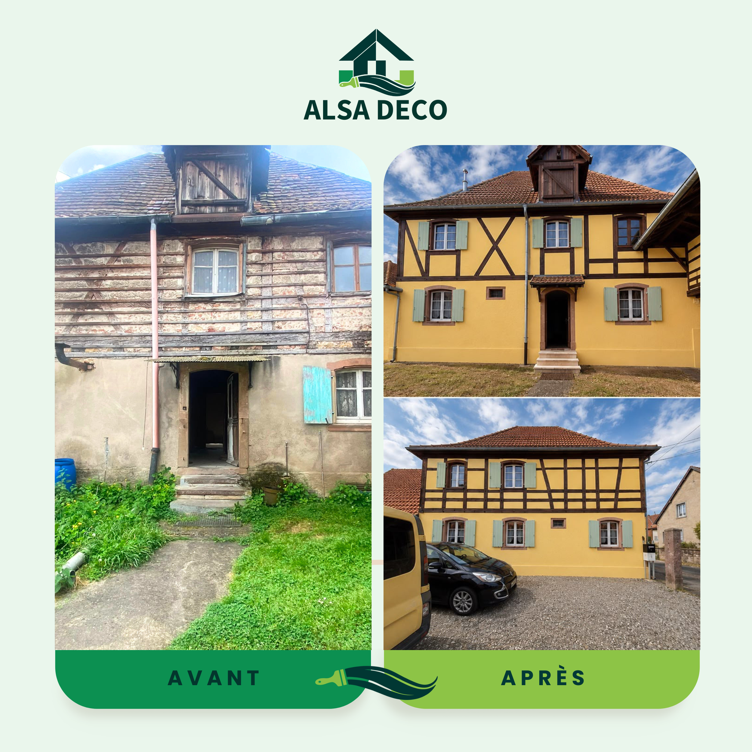 Comparaison avant et après rénovation d'une maison, montrant une façade usée et une façade rénovée colorée avec des volets et un toit neuf.