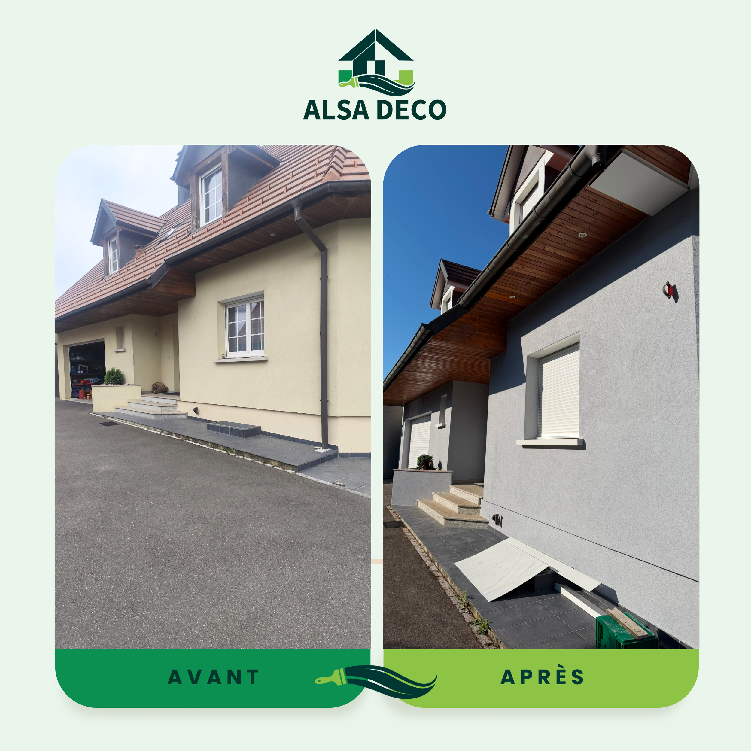 Comparaison avant et après de travaux de peinture sur une façade de maison, montrant la rénovation avec un changement de couleur et de finition.