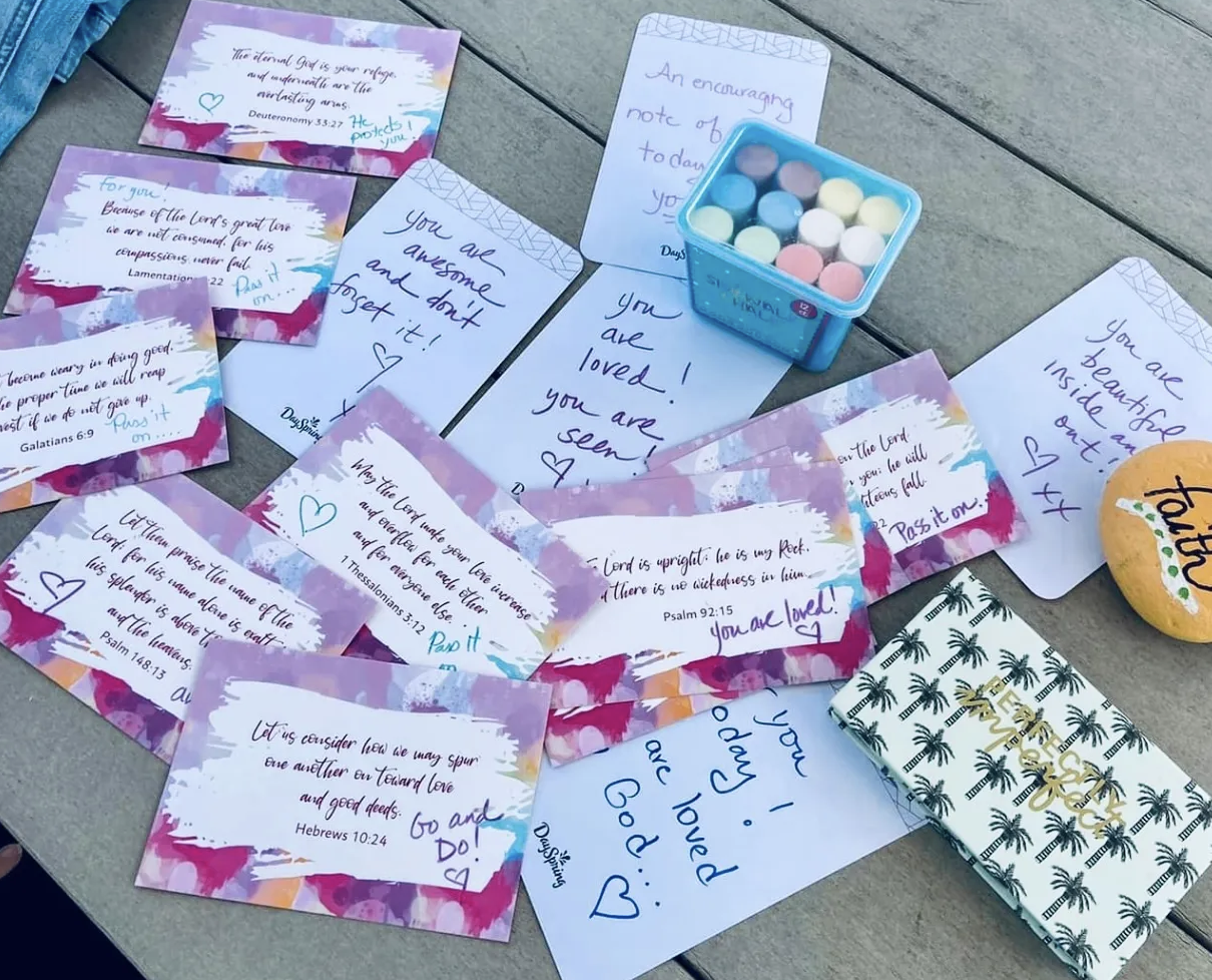 Encourage Bible Verses and sweet notes on colorful cards with a box of sidewalk chalk