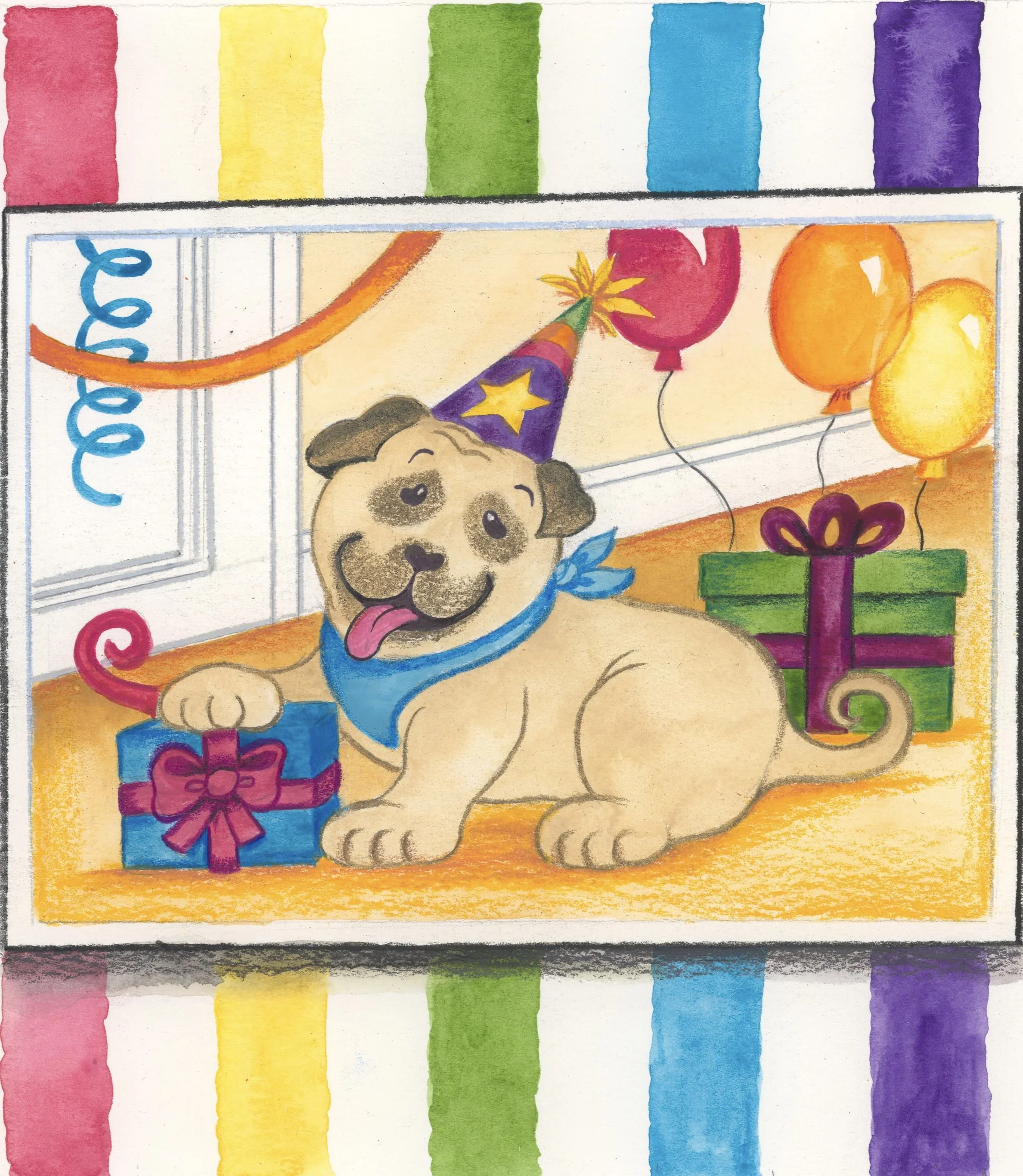 Colorful illustration of a happy puppy wearing a party hat and blue bandana, surrounded by balloons, gifts, and decorations, celebrating a festive occasion. From children's book A Tale of Two Dogs by Kirsten Nelson Telan.