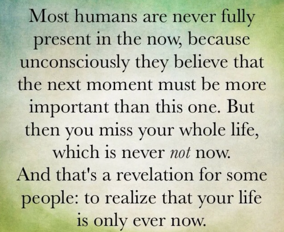 Text graphic that reads "Most humans are never fully present in the now, because unconsciously they believe that the next moment must be more important than this one. But then you miss your whole life, which is never not now. And that's a revelation"