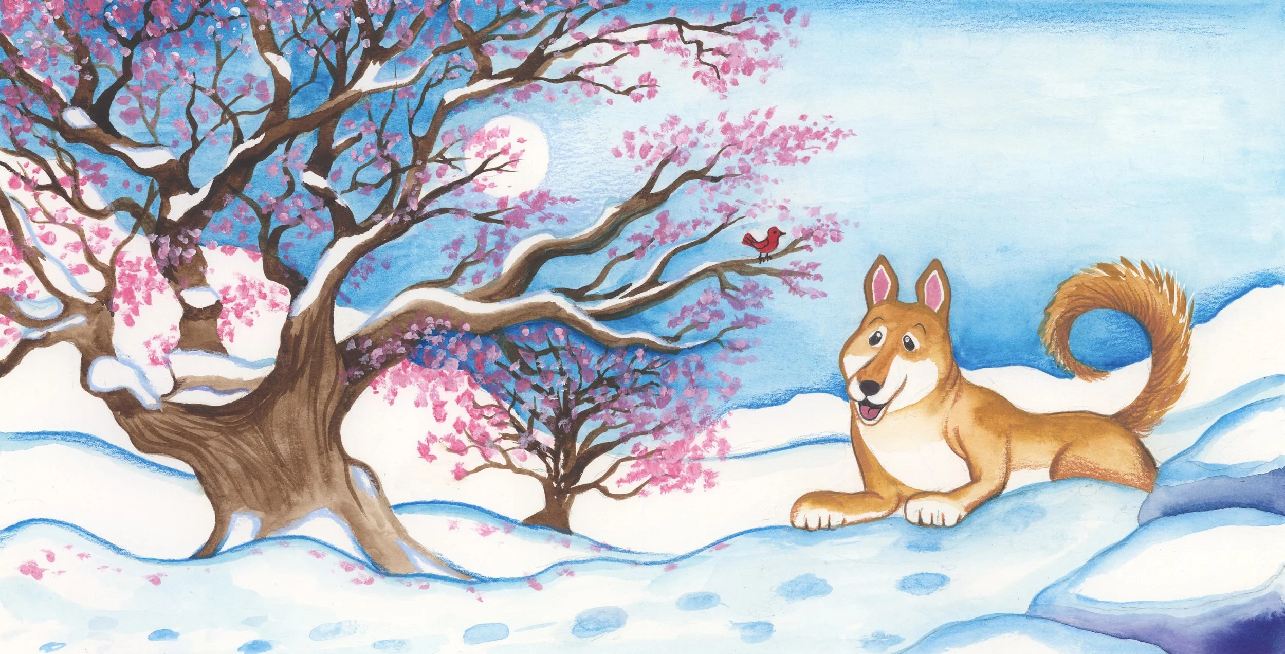 A cartoon-style winter scene from 'A Tale of Two Dogs' with snowy grounds, a large tree with pink blossoms, a bright full moon in the night sky, a small bird perched on a branch, and a happy brown dog with a fluffy tail lying in the snow.