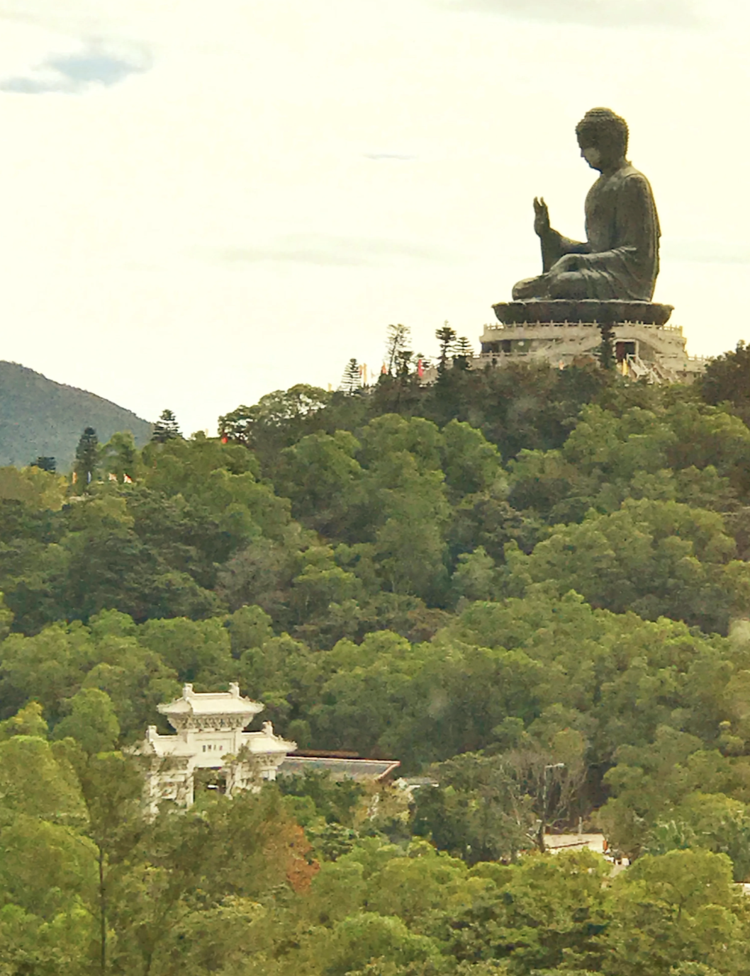 An international traveling photo of a large statue sitting atop a hill with trees