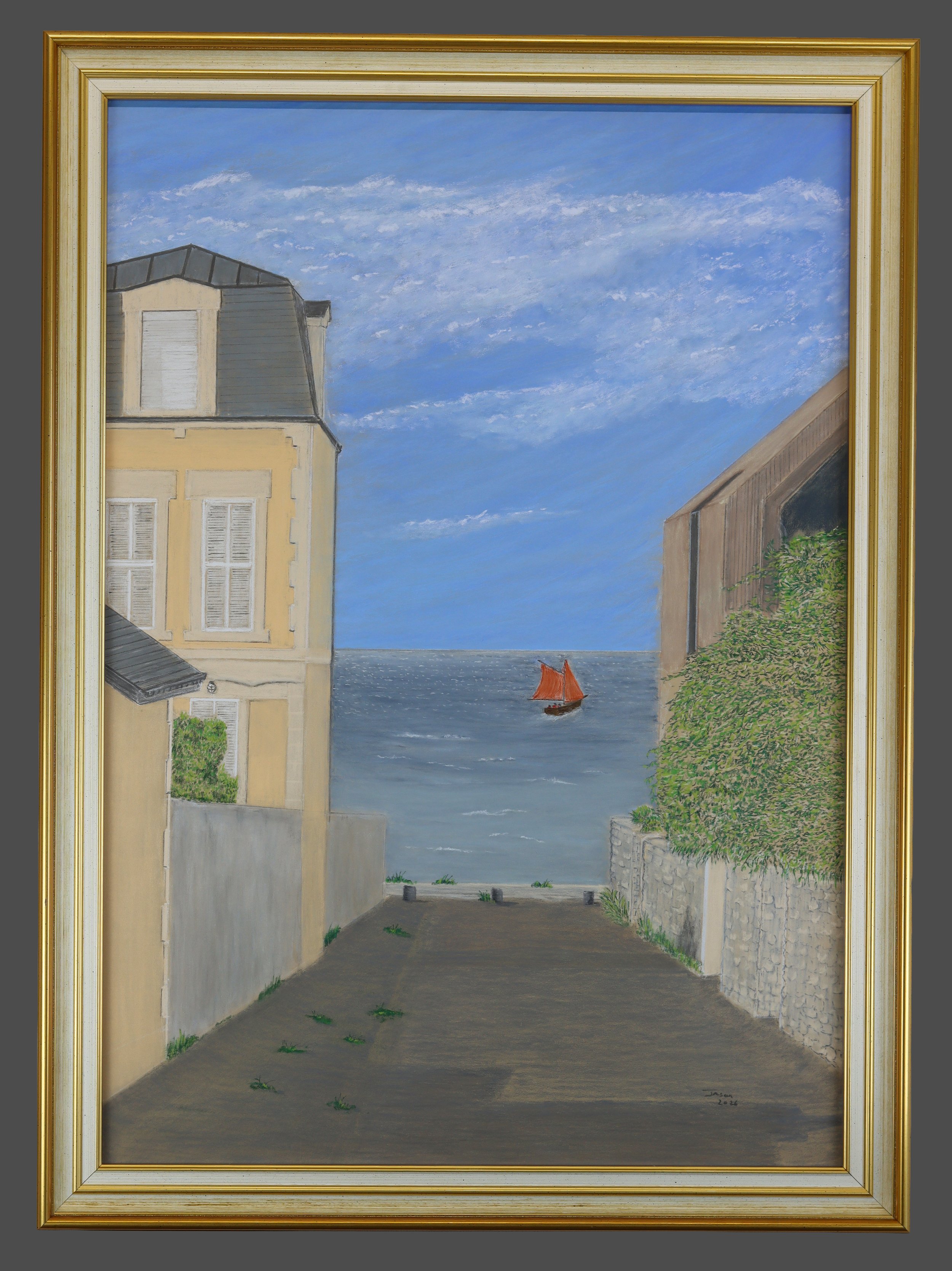Rue d'église, Grandcamp-Maisy, 2026. Pastel on Pastelmat, 50 x 70 cm. Original available for purchase.