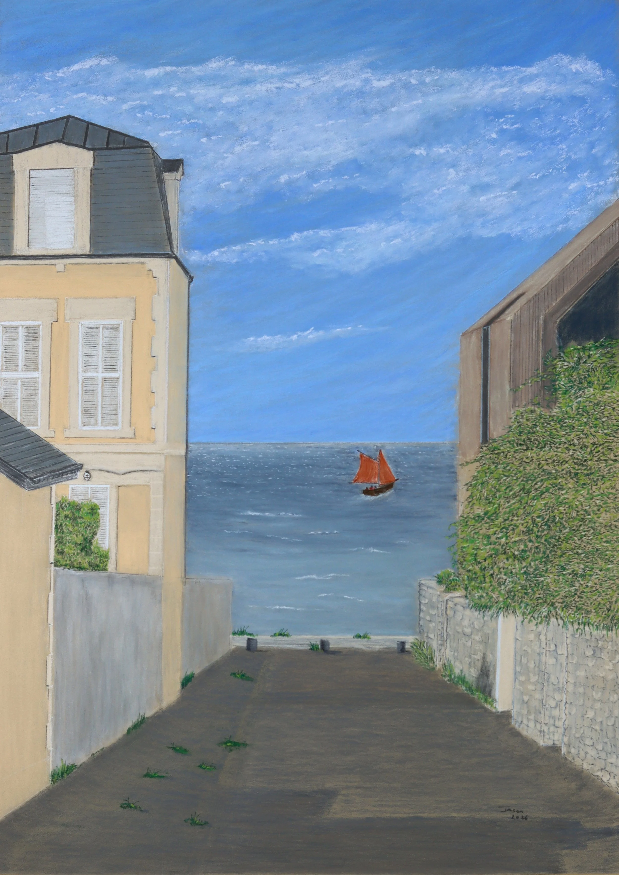 Rue d'église, Grandcamp-Maisy, 2026. Pastel on Pastelmat, 50 x 70 cm. Original available for purchase.