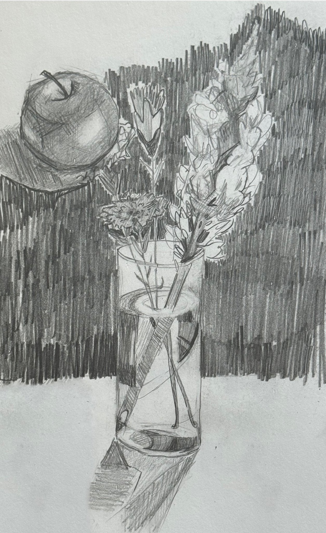 Vase and Apple pencil sketch on 9x6 sketchbook paper