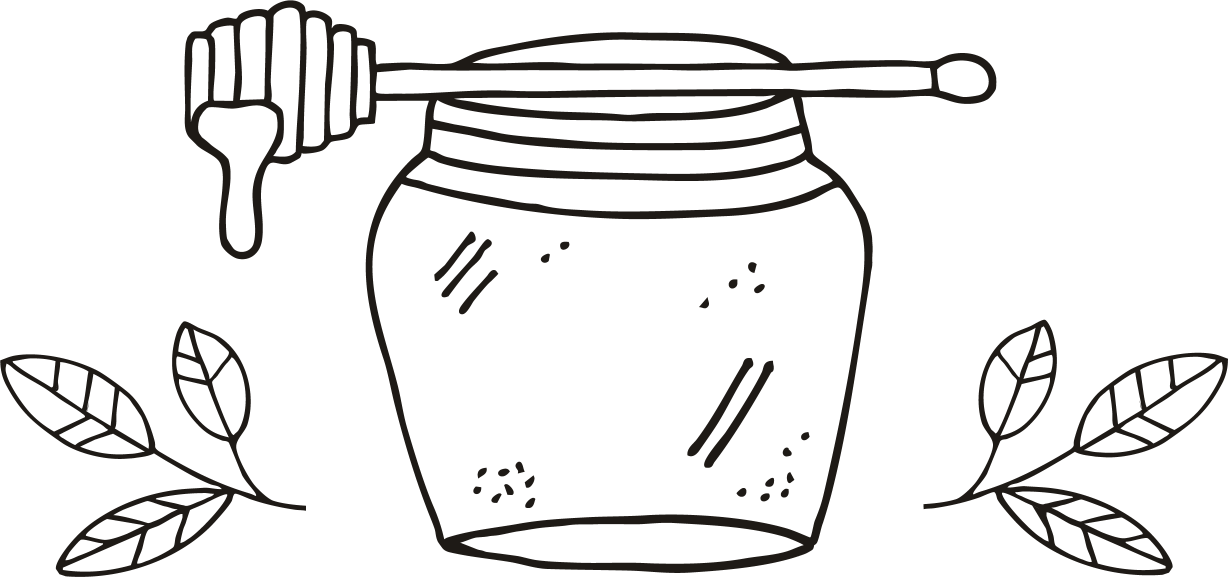 Hand-drawn illustration of a jar with honey, a honey dipper with honey dripping, and decorative leaves.