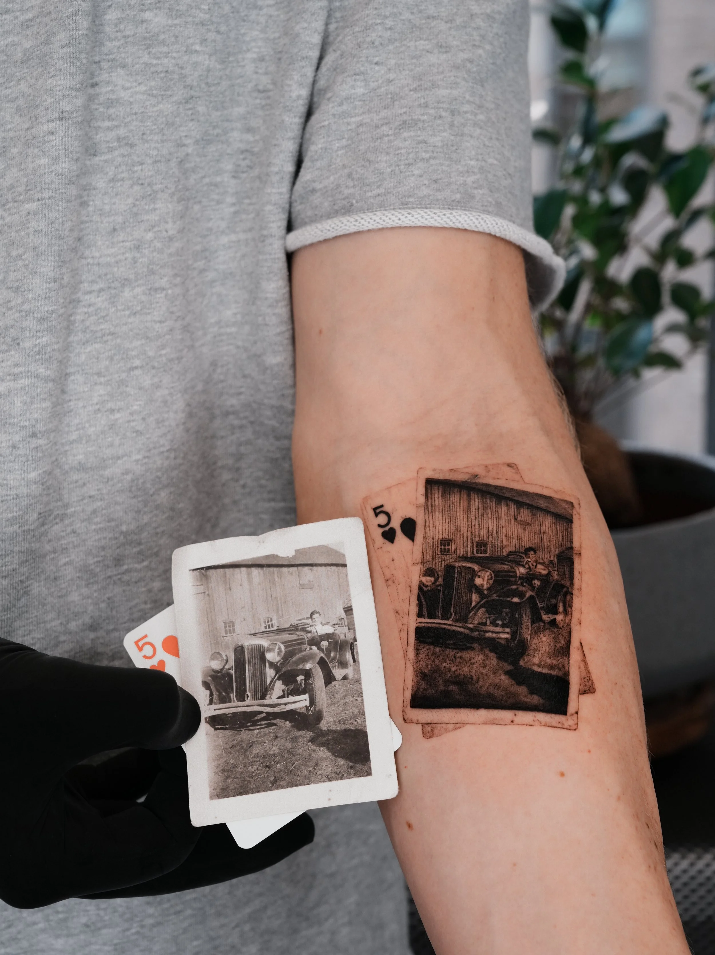 Super detailed micro realism tattoo of a grandfathers photo. Done by famous tattoo artist located in Financial District of New York City - Gregory Mirzoyan @gmtattooing