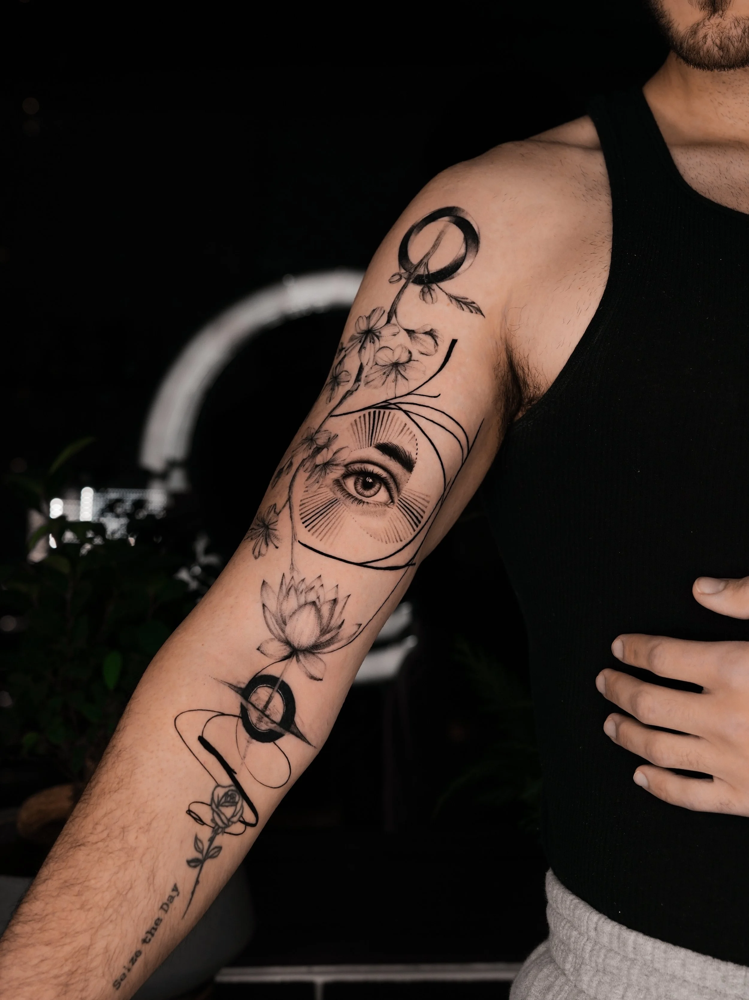 Micro-realism and conceptual tattoo sleeve including intricate geometry elements, abstract lines, florals. Done by famous tattoo artist located in Financial District of New York City - Gregory Mirzoyan @gmtattooing