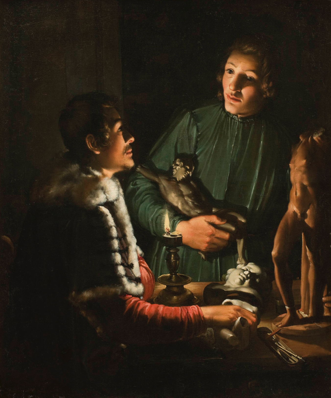 Attributed to Adam de Coster (1584–1643). Two Sculptors at Night in Rome. Double Portrait of Francois Duquesnoy and Georg Petel. Oil on canvas. 1620–1623. Statens Museum for Kunst, Copenhagen.