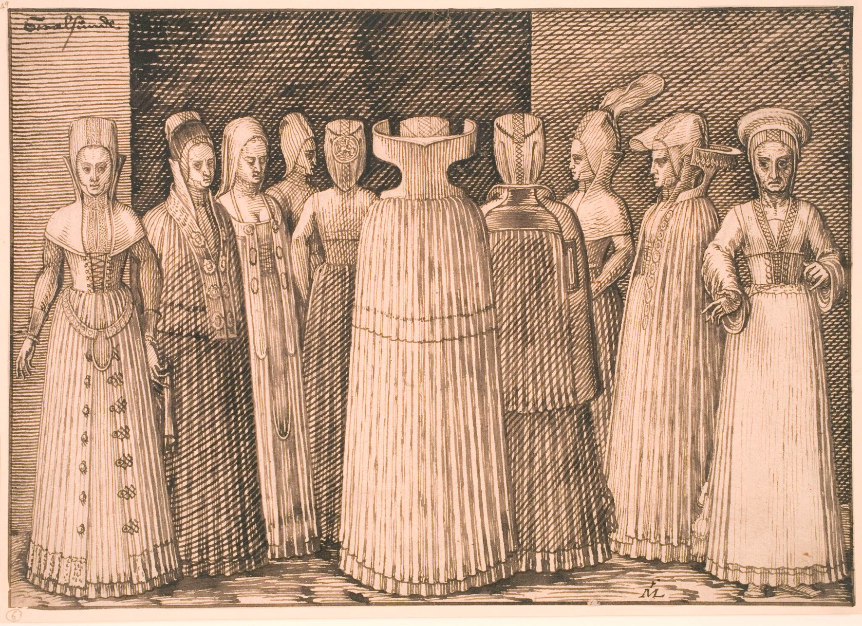 Melchior Lorck (1526–1583). Ten Women from Stralsund. Pen and brown ink. 1571–1573. Statens Museum for Kunst, Copenhagen.