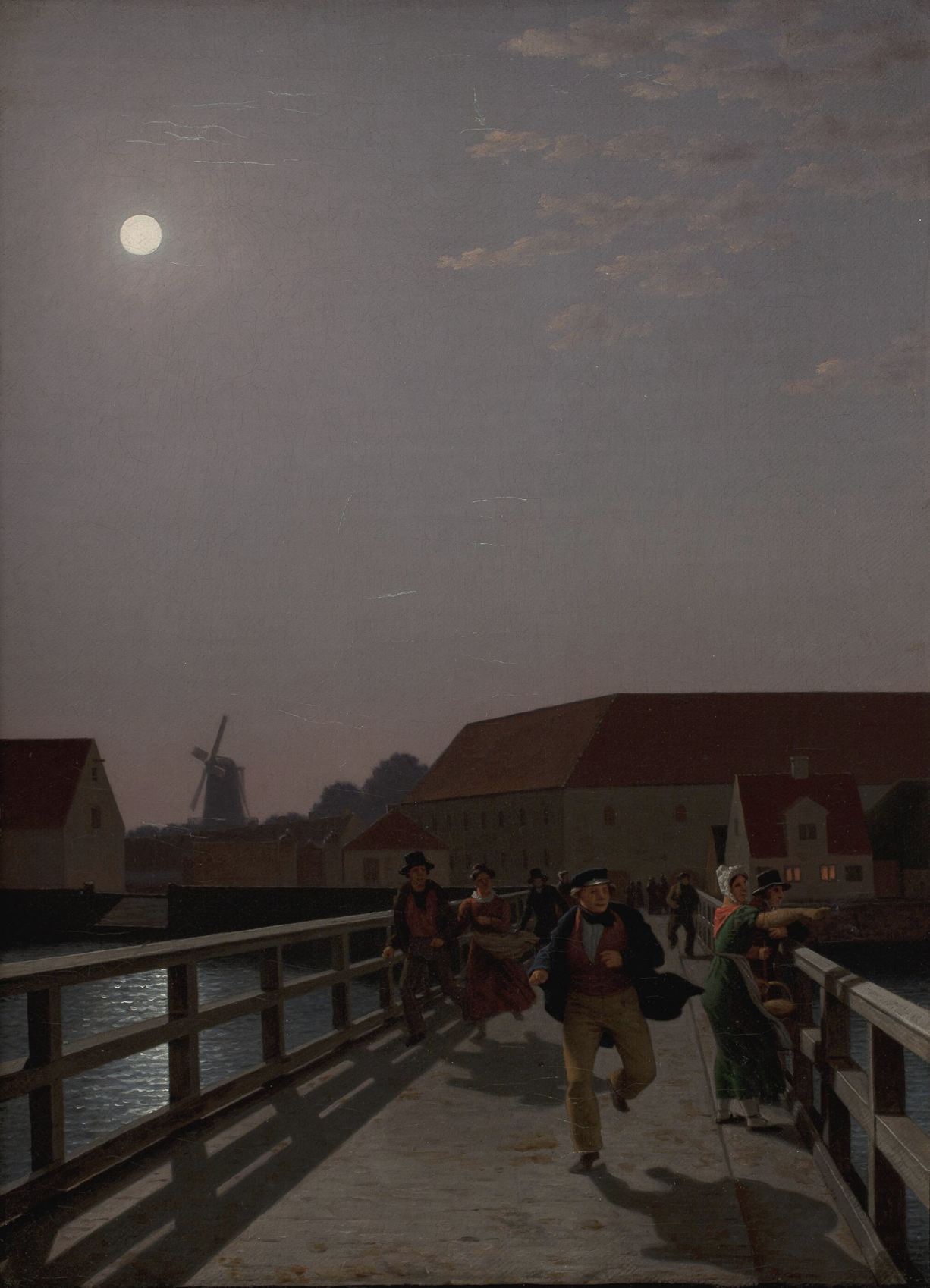 C.W. Eckersberg (1783–1853). Langebro, Copenhagen, in the Moonlight with Running Figures. Oil on canvas. 1836. Statens Museum for Kunst, Copenhagen.
