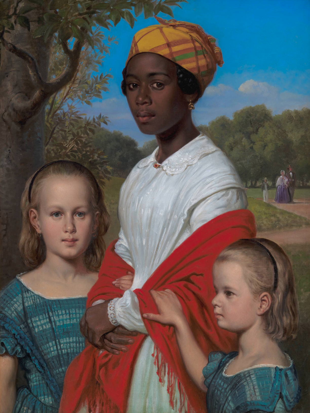Wilhelm Marstrand (1810–1873). Portrait of Otto Marstrand's two Daughters and their West-Indian Nanny, Justina Antoine, in the Frederiksberg Gardens near Copenhagen. Oil on canvas. 1857. Statens Museum for Kunst, Copenhagen.
