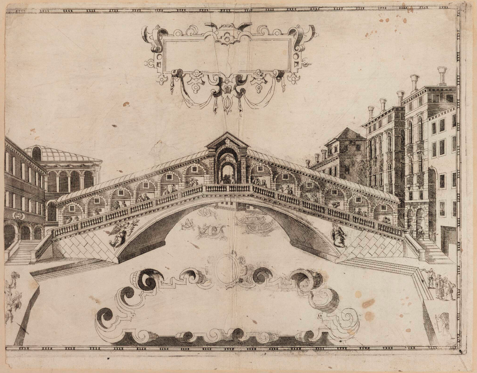 Unknown Italian Artist. Rialto Bridge in Venice. Copper engraving. 1670–1679. Statens Museum for Kunst, Copenhagen.