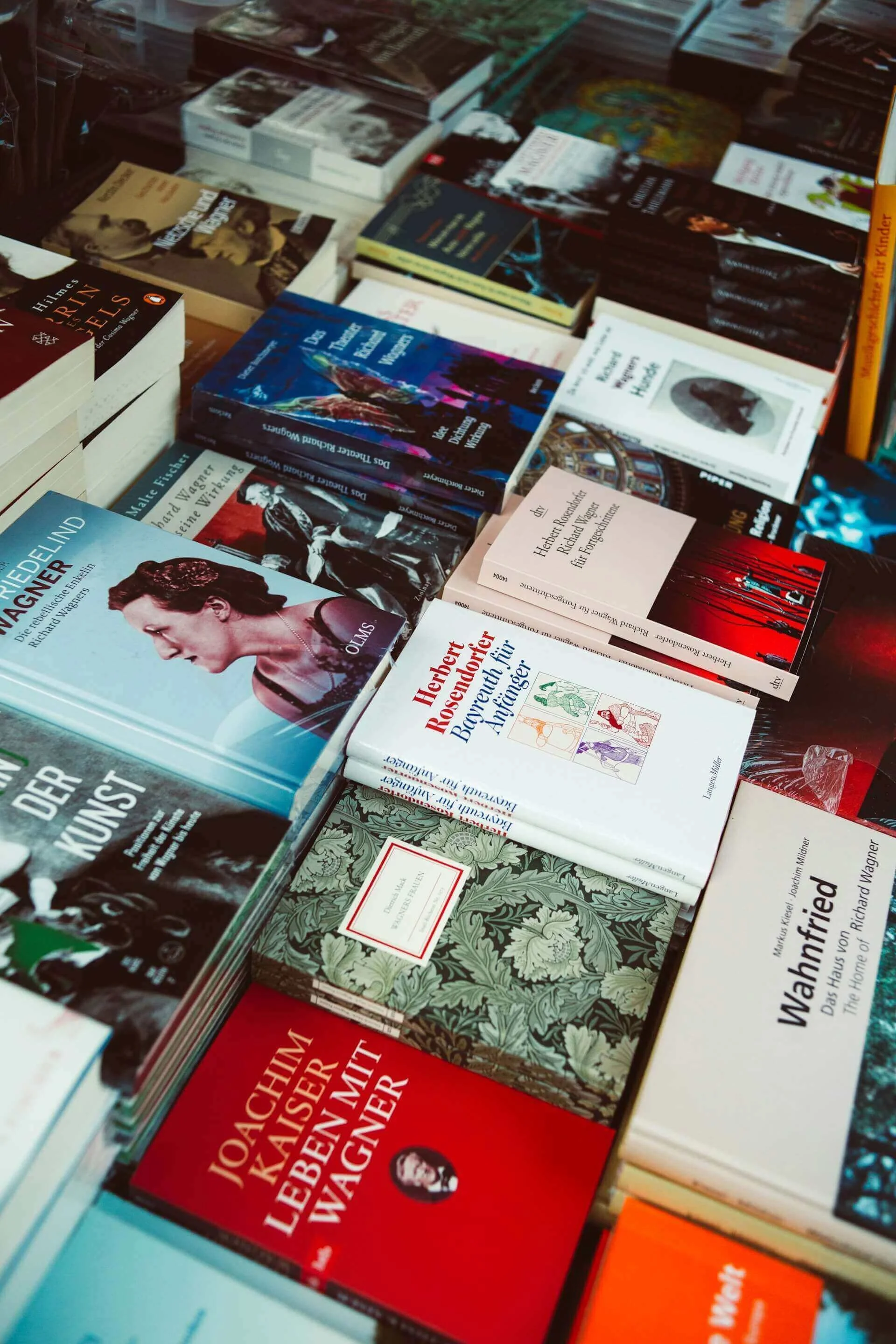 Stacks of books for sale at a bookshop