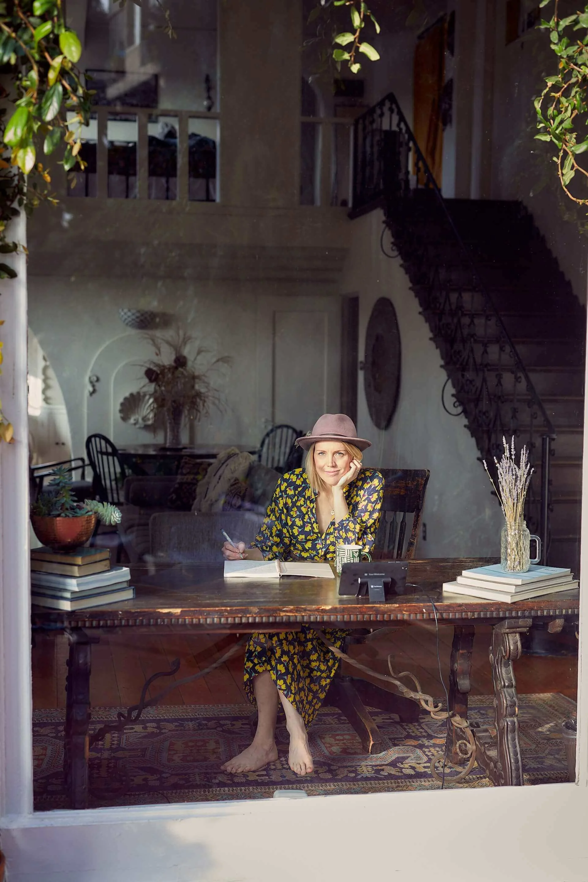 Author in a countryside home brainstorms ideas