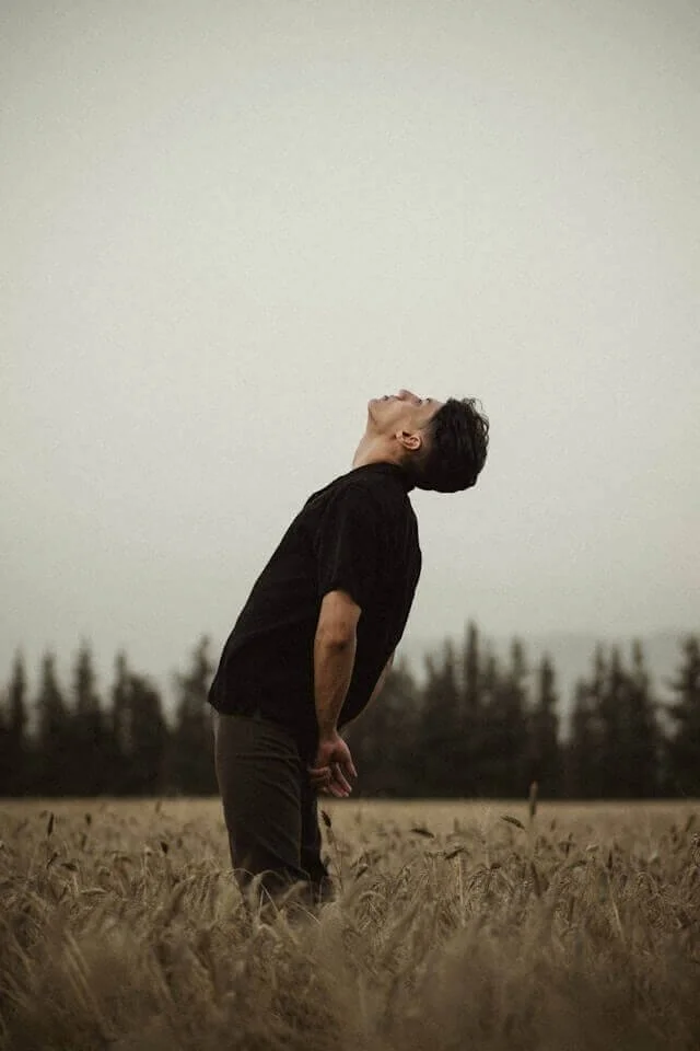 Author standing in a field contemplates the sky