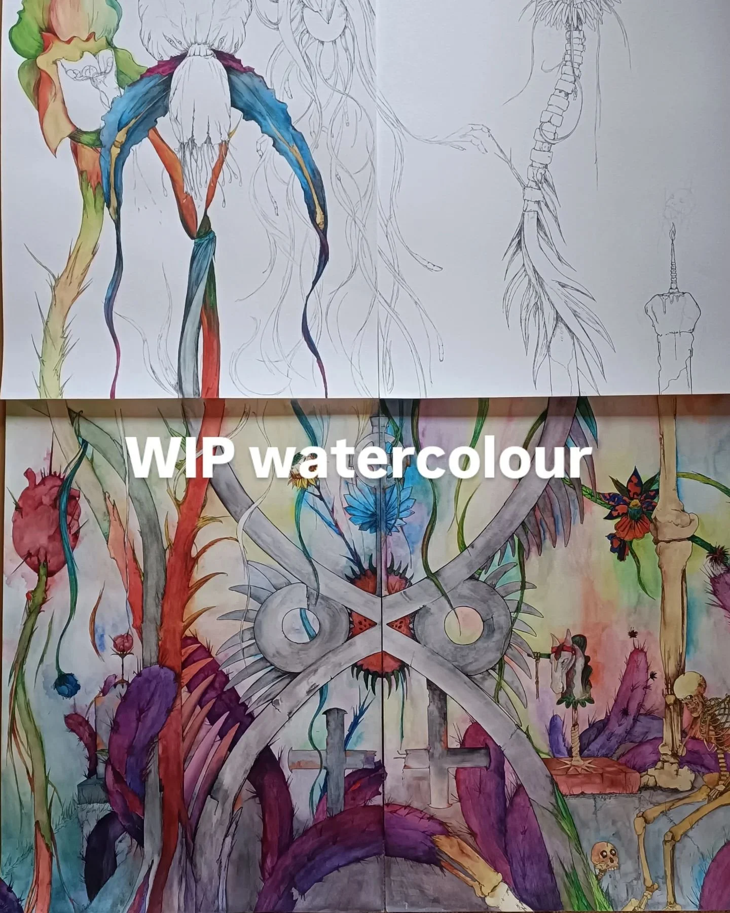 Work In Progress - watercolour and ink

#watercolourpainting #newpainting #londonartists #colorfulart #altart #polyptych #queerart #womenartists