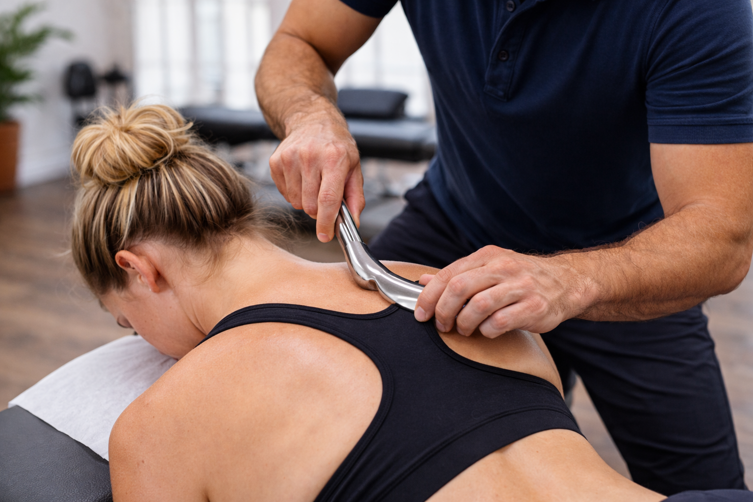 Chiropractor using a metal tool on a woman's neck during a chiropractic adjustment in an office setting.