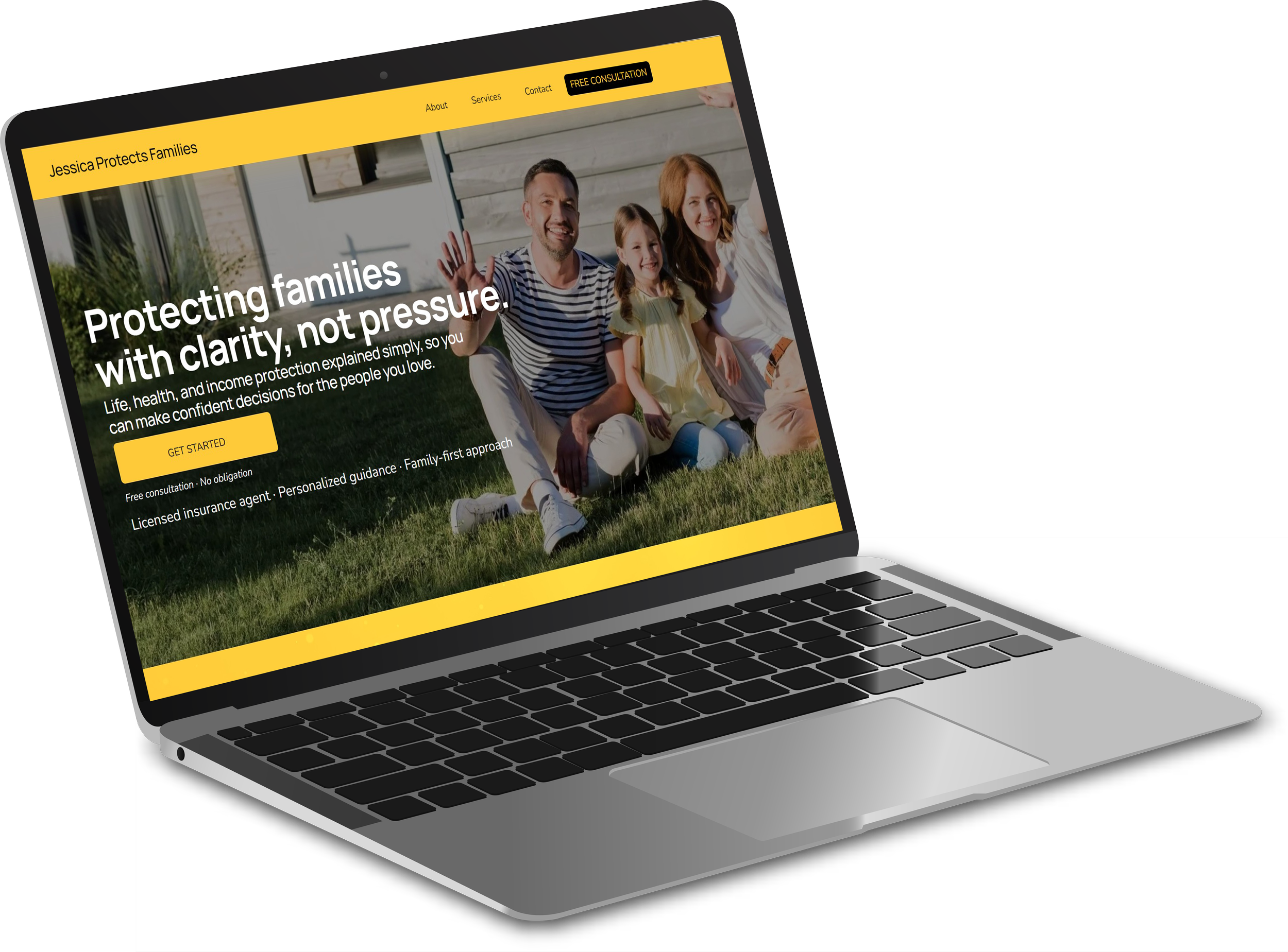 Laptop displaying a website titled "Jessica Protects Families" with a photo of a family sitting outside on grass, smiling and waving.
