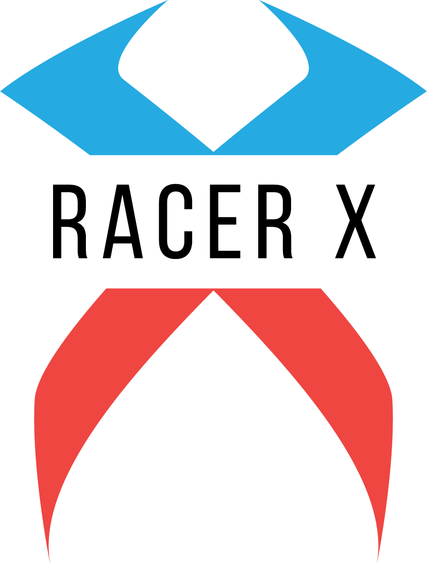 The image features stylized triangular shapes resembling a superhero mask, with a blue top part and a red bottom part, on a black background.