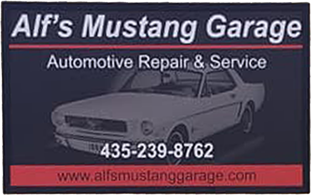 Business card for Alf's Mustang Garage featuring a classic white Mustang and contact information.