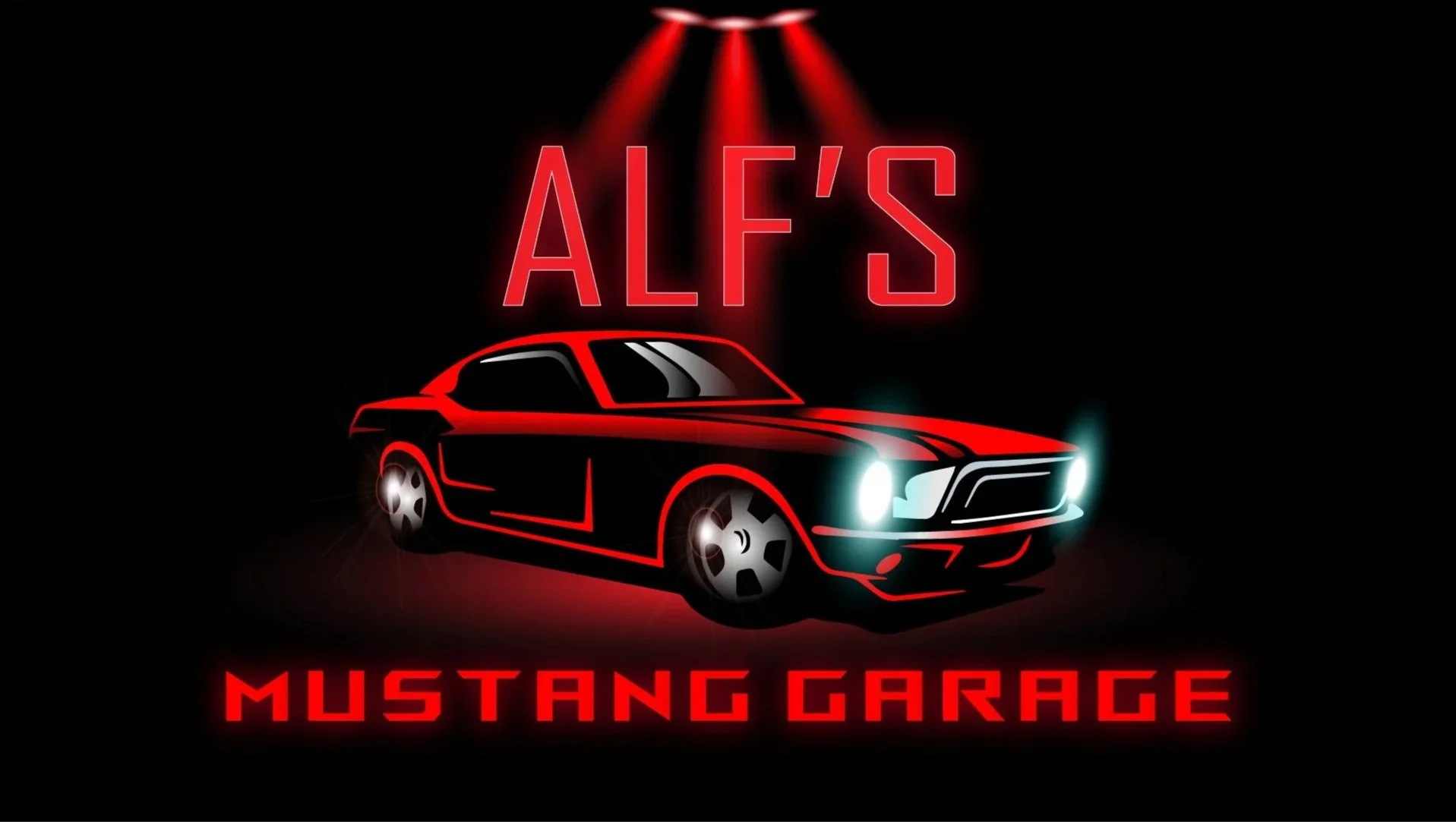 A neon-style illustration of a red and black classic Mustang car with headlights on, under red stage lights. The background is black with red text above and below the car reading 'ALF'S' and 'MUSTANG GARAGE'.