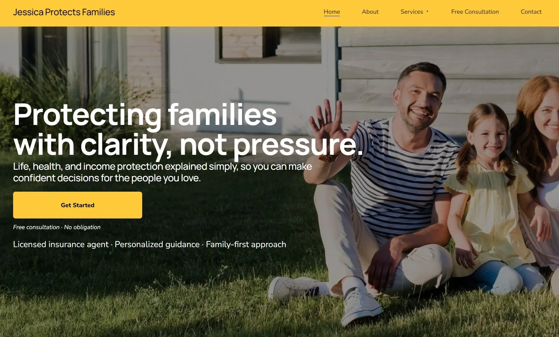 A family of four sitting on the grass in front of a modern house, smiling and waving, with a woman and a girl visible, representing a protective insurance service website.