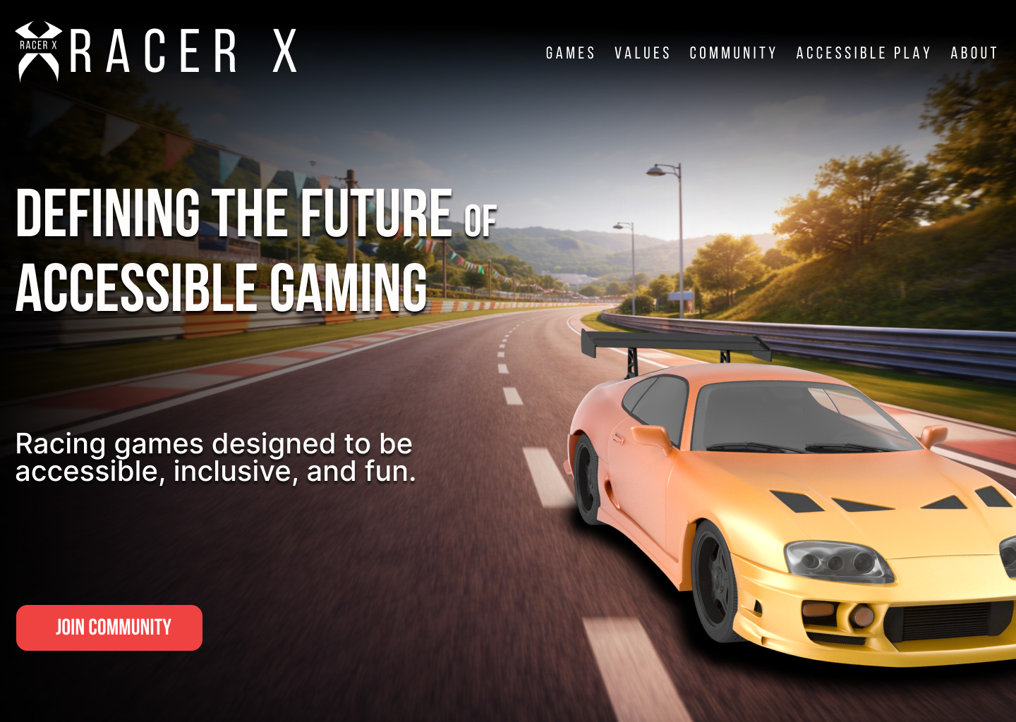 A racing game website homepage with a car on a road, sunset background, and main headline about accessible gaming.