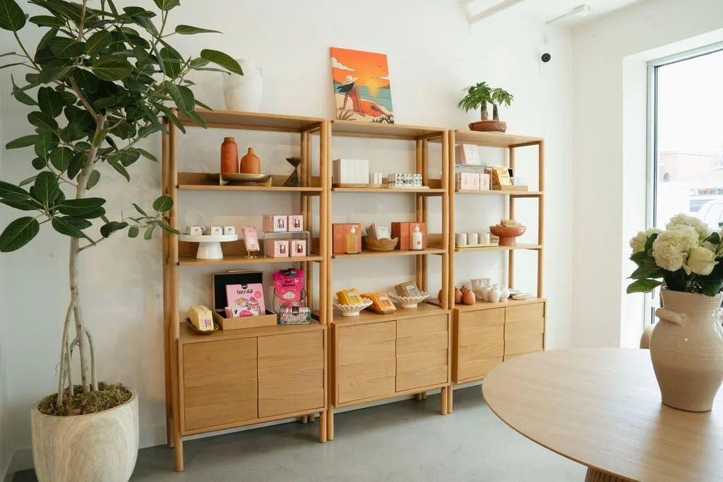Wooden shelves displaying ceramics and decor items, a large indoor plant in a white pot, and a table with a white vase holding white flowers inside a bright, modern room.