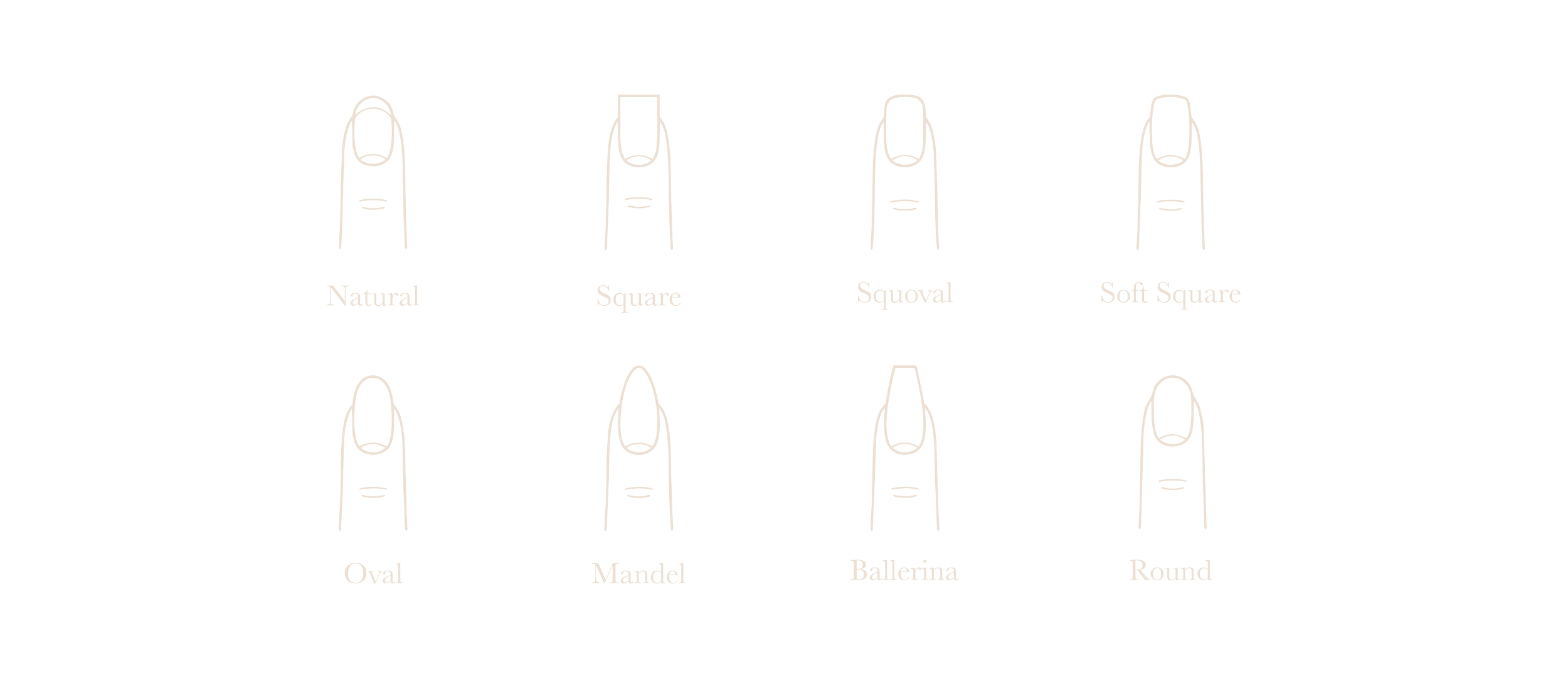 Diagram showing different fingernail shapes: natural, square, squoval, soft square, oval, mandel, ballerina, round. Each shape is represented by a line drawing of a fingernail with the corresponding shape.