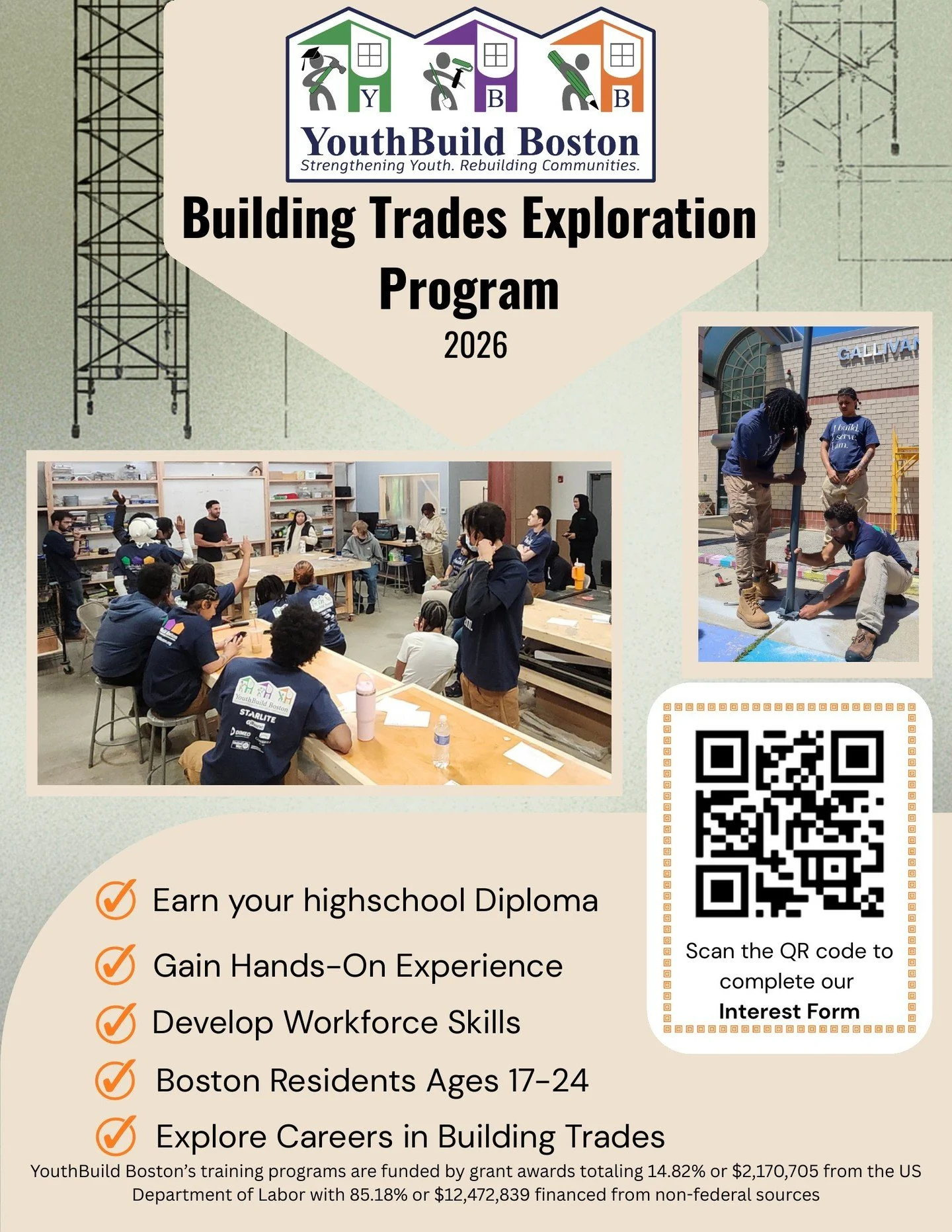 We&rsquo;re currently recruiting for our Stage 1, Building Trades Exploration Program!🔨 
Come join the YouthBuild Boston Community!

Your next chapter starts here!

Take the first step and submit your interest form by scanning the QR code or use the